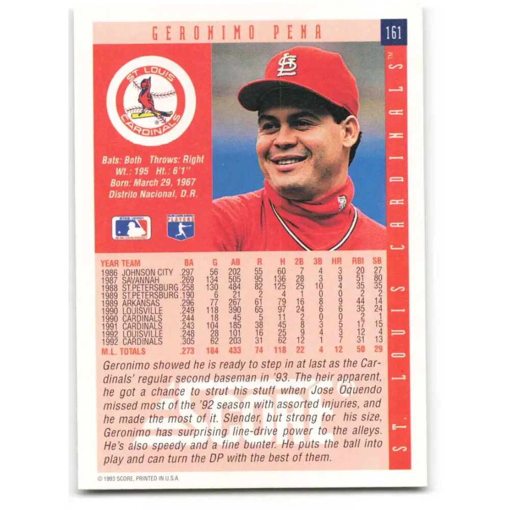 1993 Score #161 Geronimo Pena NM-MT St. Louis Cardinals Baseball Card Image 2