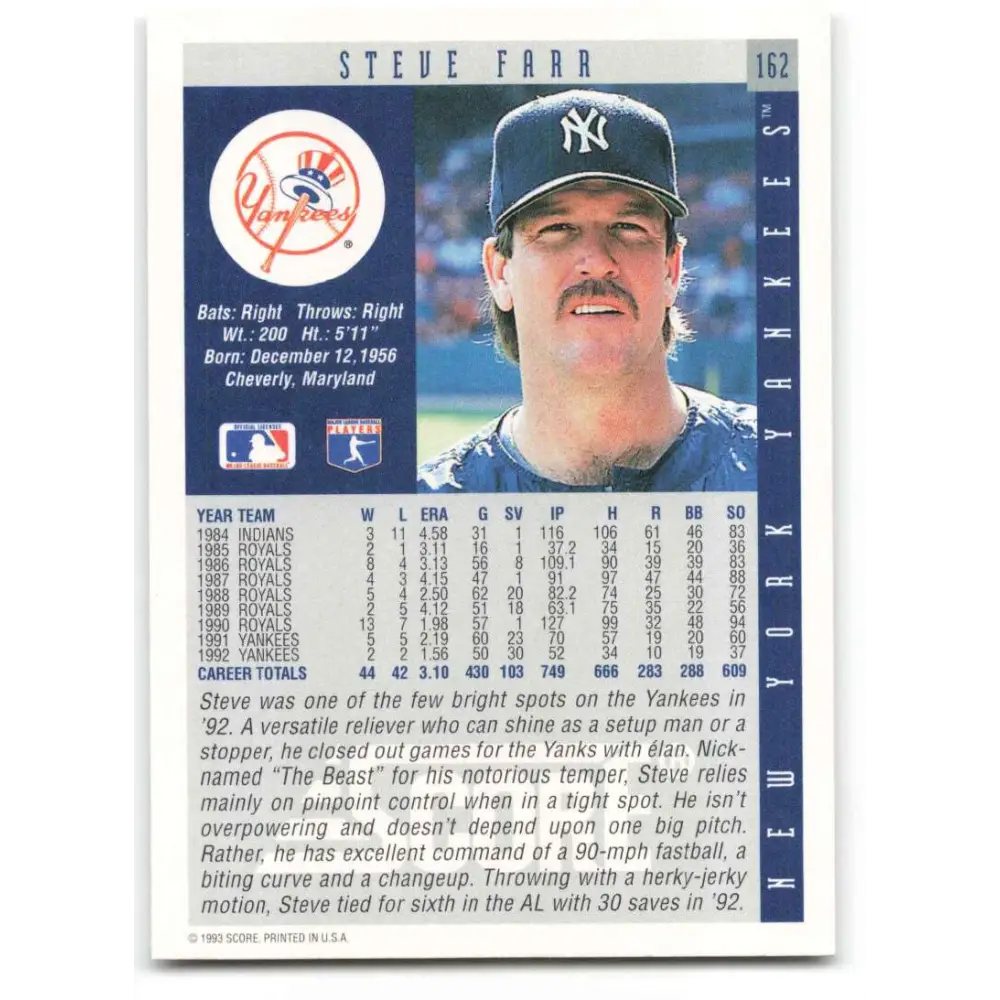 1993 Score #162 Steve Farr NM-MT New York Yankees Baseball Card Image 2