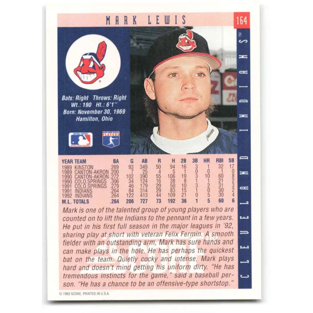1993 Score #164 Mark Lewis NM-MT Cleveland Indians Baseball Card Image 2