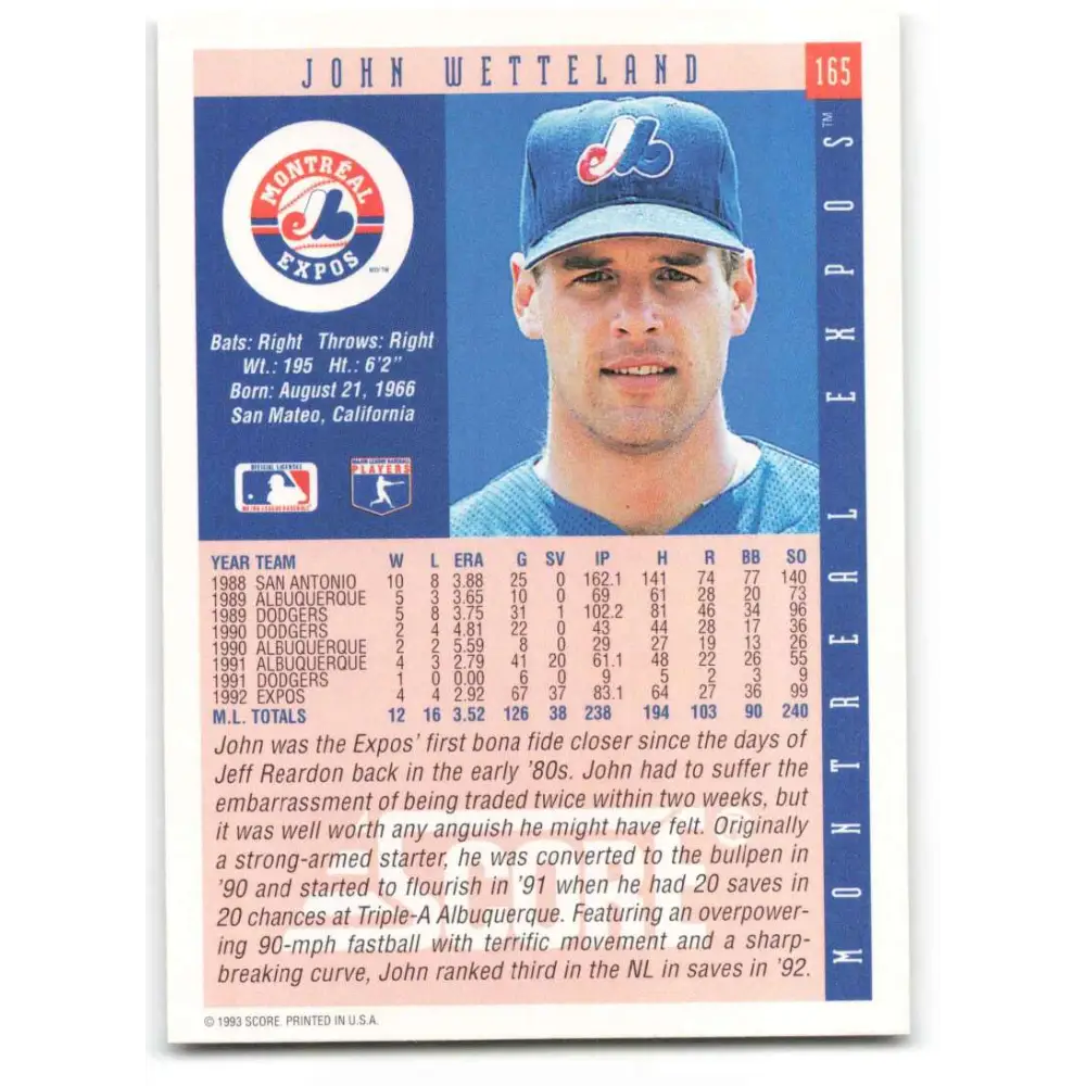 1993 Score #165 John Wetteland NM-MT Montreal Expos Baseball Card Image 2