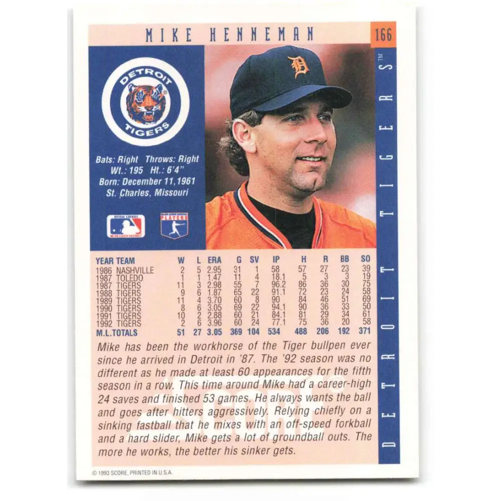 1993 Score #166 Mike Henneman NM-MT Detroit Tigers Baseball Card Image 2
