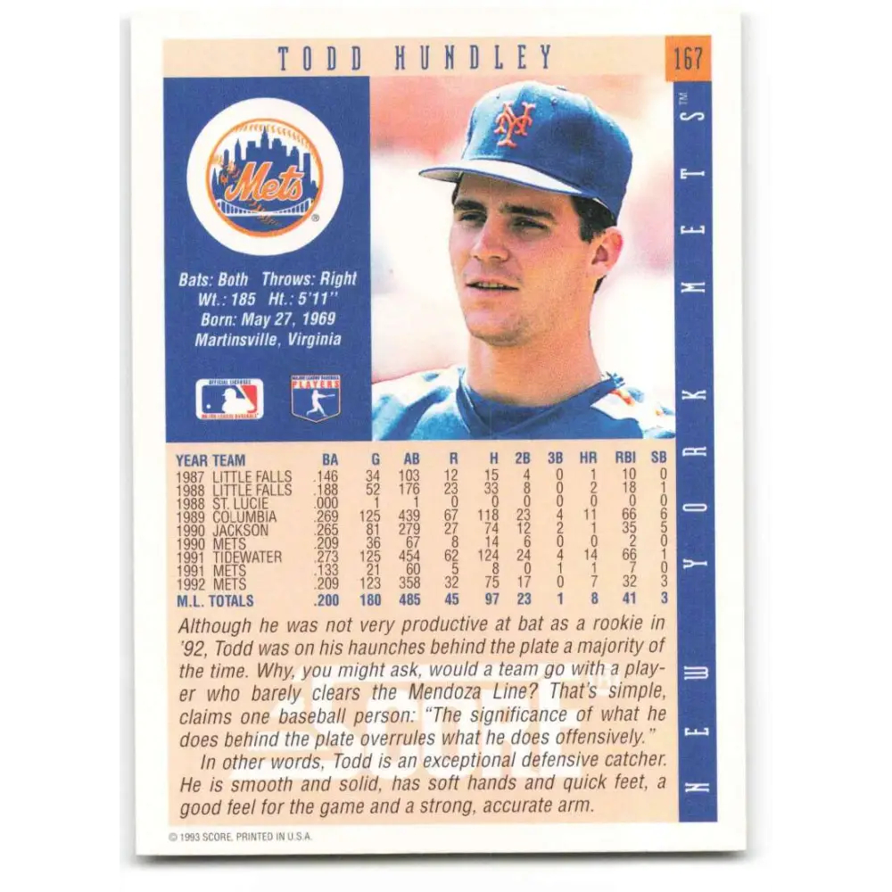 1993 Score #167 Todd Hundley NM-MT New York Mets Baseball Card Image 2