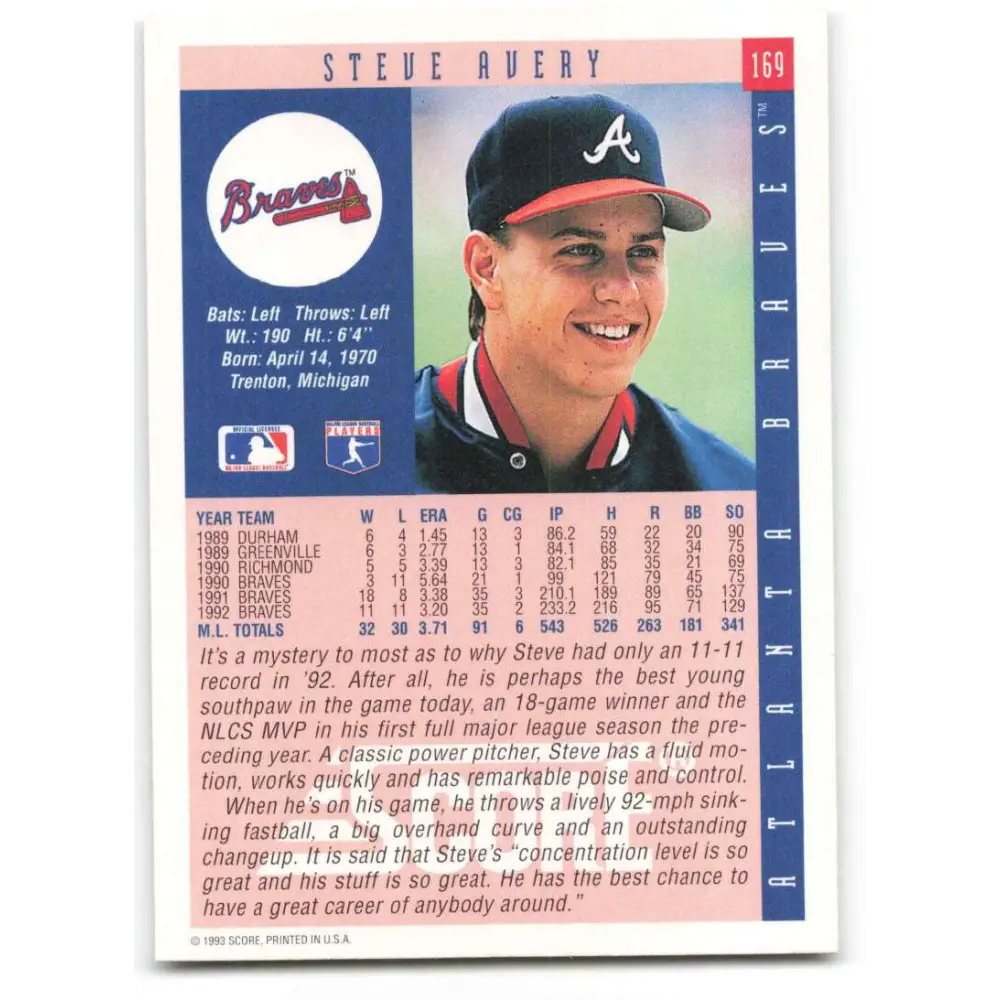1993 Score #169 Steve Avery NM-MT Atlanta Braves Baseball Card Image 2