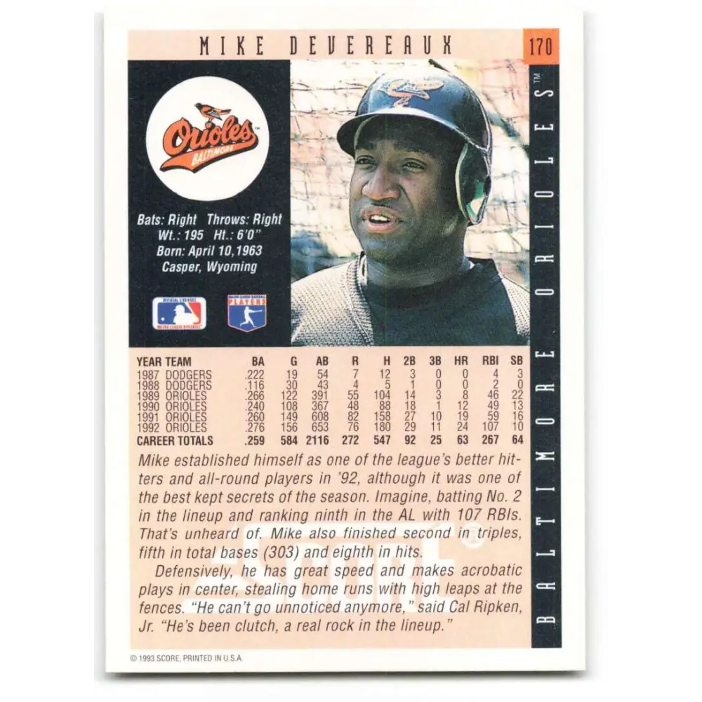 1993 Score #170 Mike Devereaux NM-MT Baltimore Orioles Baseball Card Image 2
