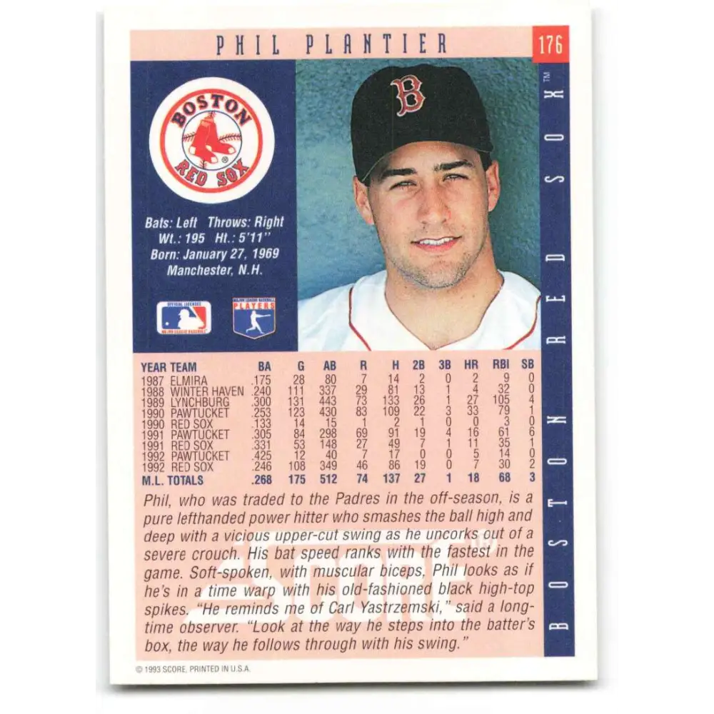 1993 Score #176 Phil Plantier NM-MT Boston Red Sox Baseball Card Image 2