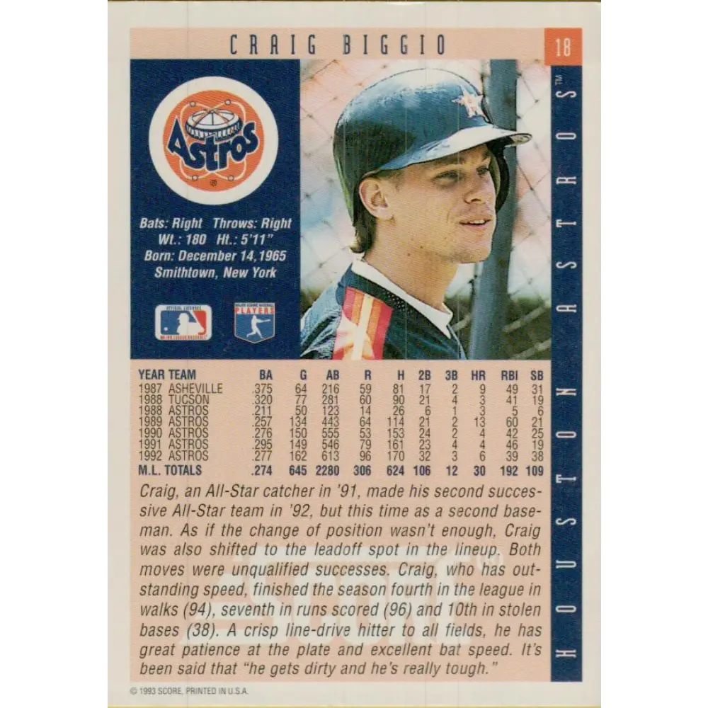 1993 Score #18 Craig Biggio NM-MT Houston Astros Baseball Card Image 2