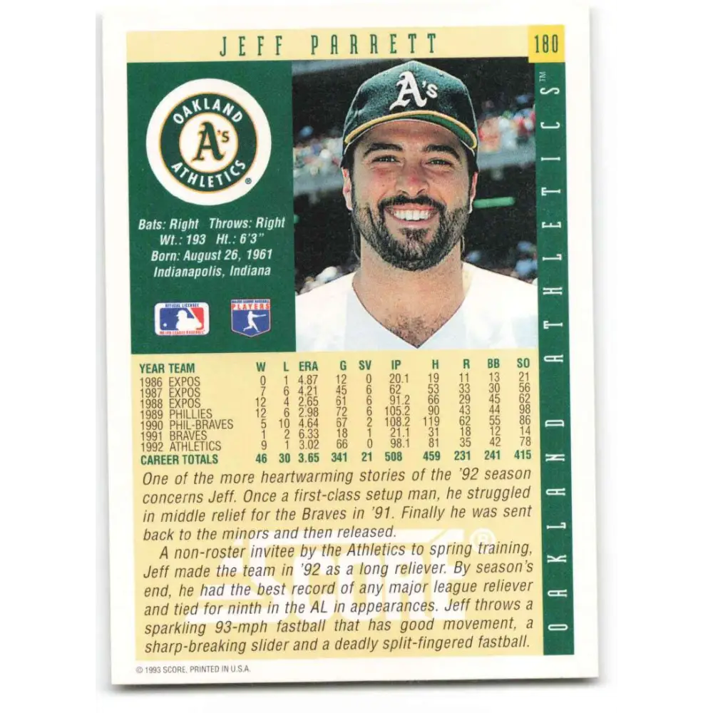1993 Score #180 Jeff Parrett NM-MT Oakland Athletics Baseball Card Image 2
