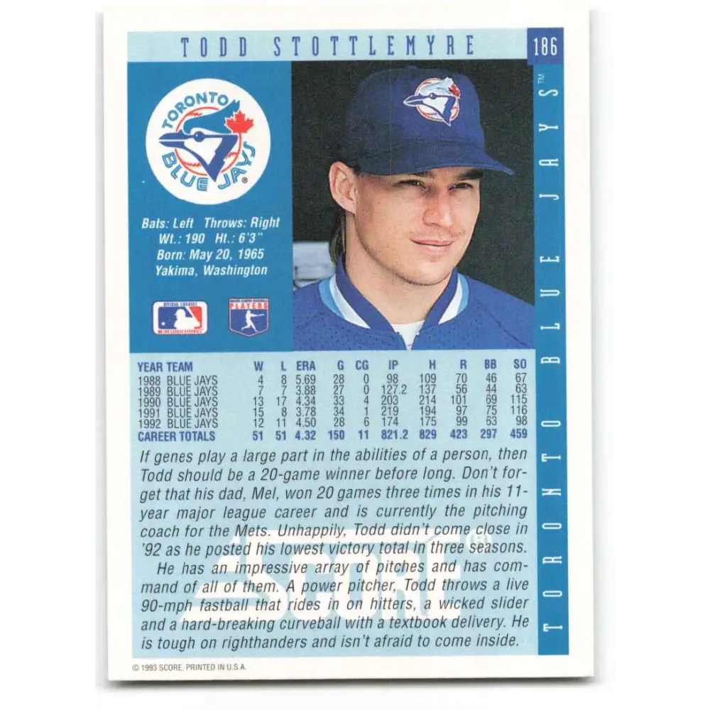 1993 Score #186 Todd Stottlemyre NM-MT Toronto Blue Jays Baseball Card Image 2