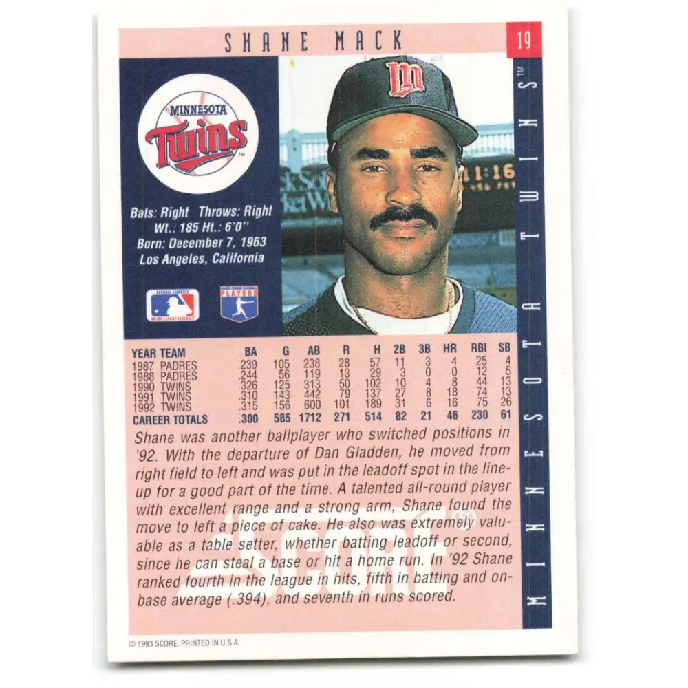 1993 Score #19 Shane Mack NM-MT Minnesota Twins Baseball Card Image 2