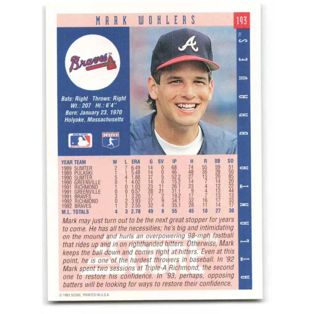 1993 Score #193 Mark Wohlers NM-MT Atlanta Braves Baseball Card Image 2
