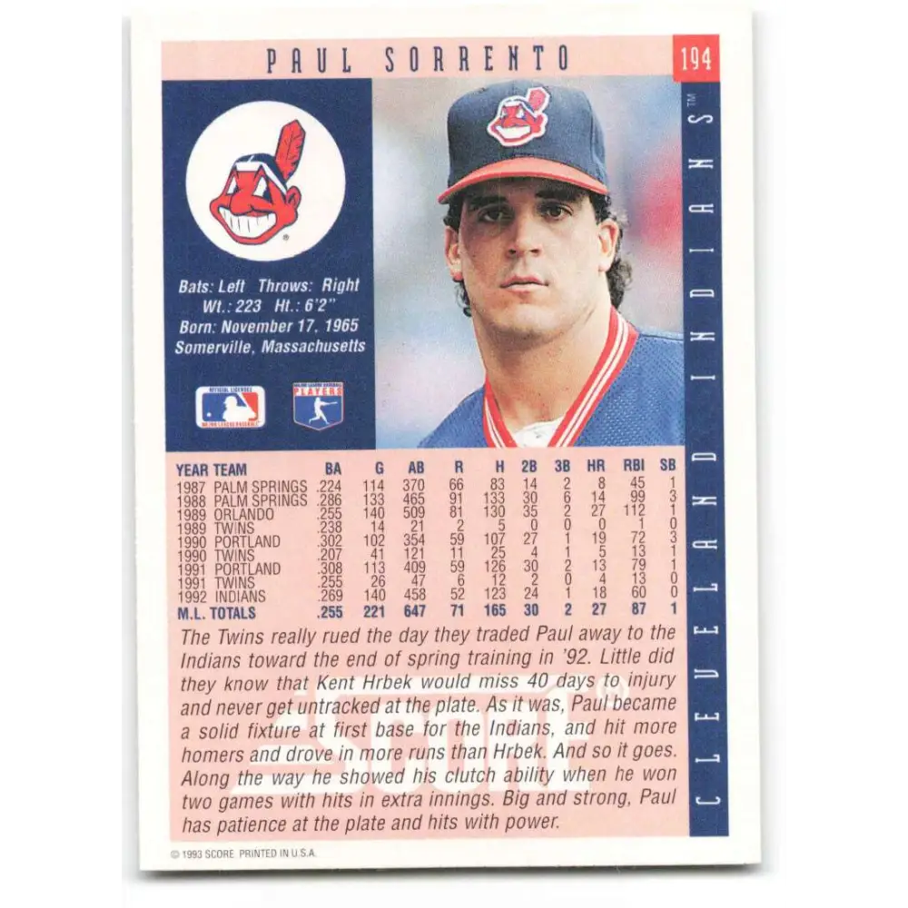 1993 Score #194 Paul Sorrento NM-MT Cleveland Indians Baseball Card Image 2