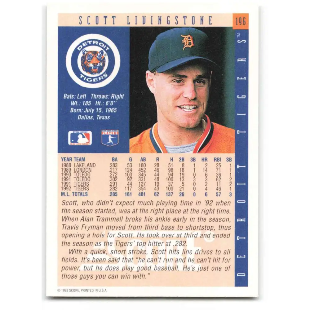 1993 Score #196 Scott Livingstone NM-MT Detroit Tigers Baseball Card Image 2
