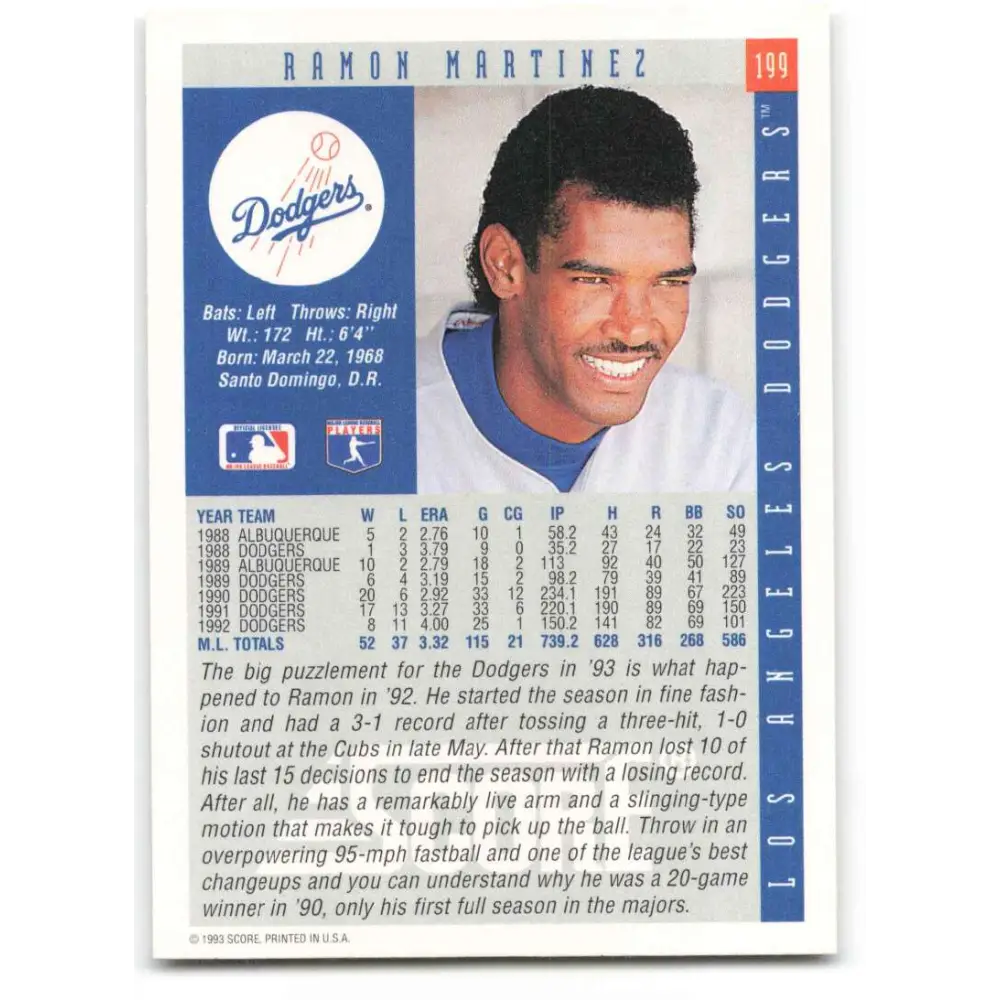 1993 Score #199 Ramon Martinez NM-MT Los Angeles Dodgers Baseball Card Image 2