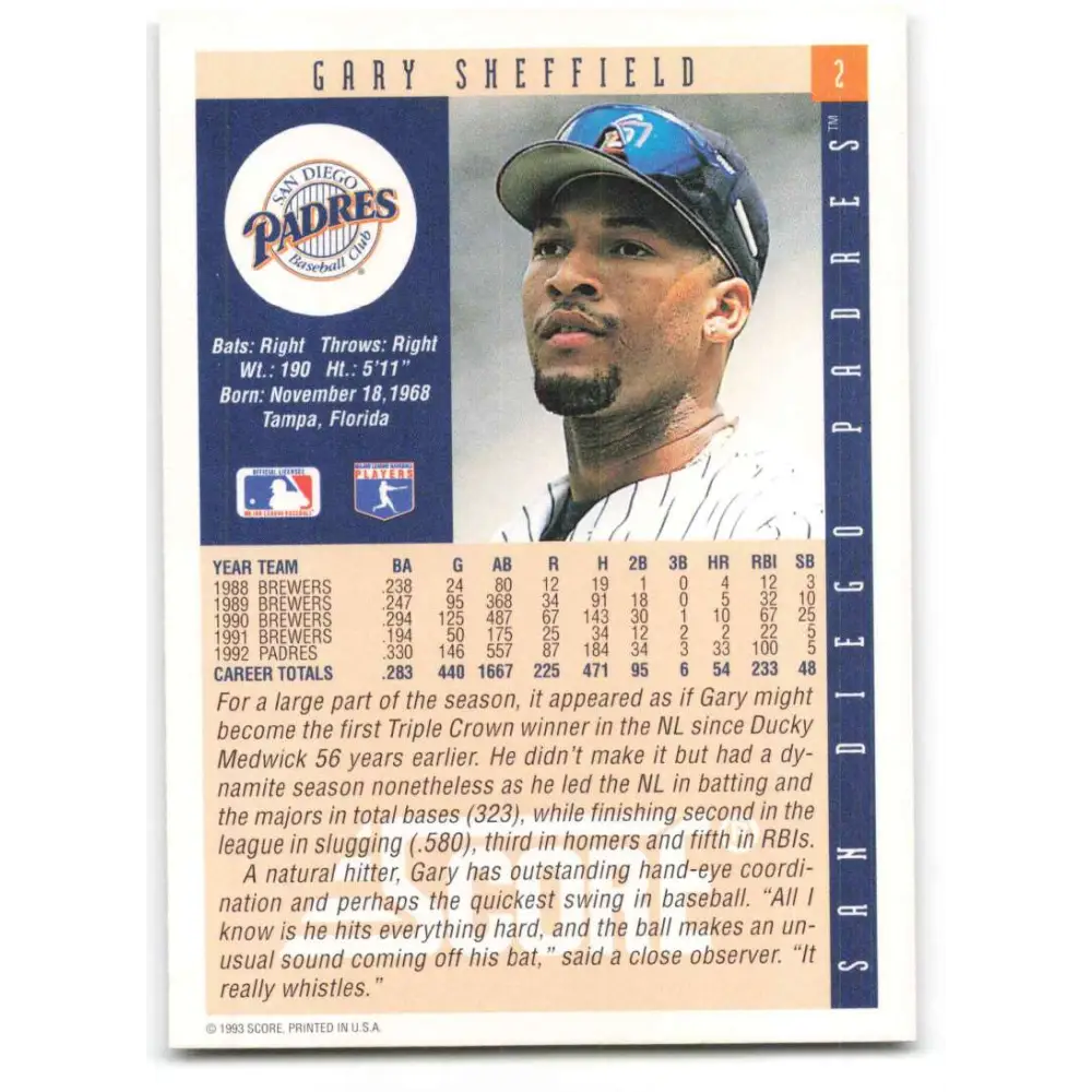 1993 Score #2 Gary Sheffield NM-MT San Diego Padres Baseball Card Image 2