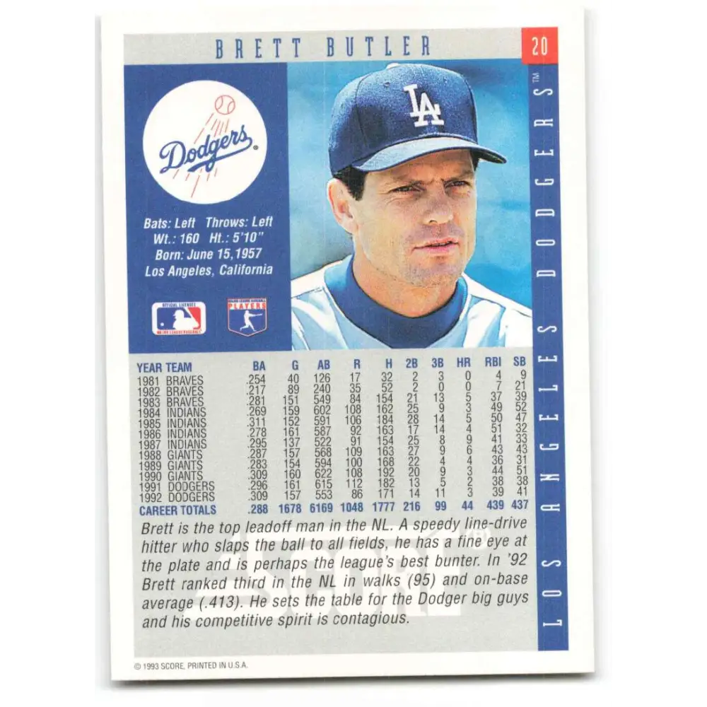 1993 Score #20 Brett Butler NM-MT Los Angeles Dodgers Baseball Card Image 2