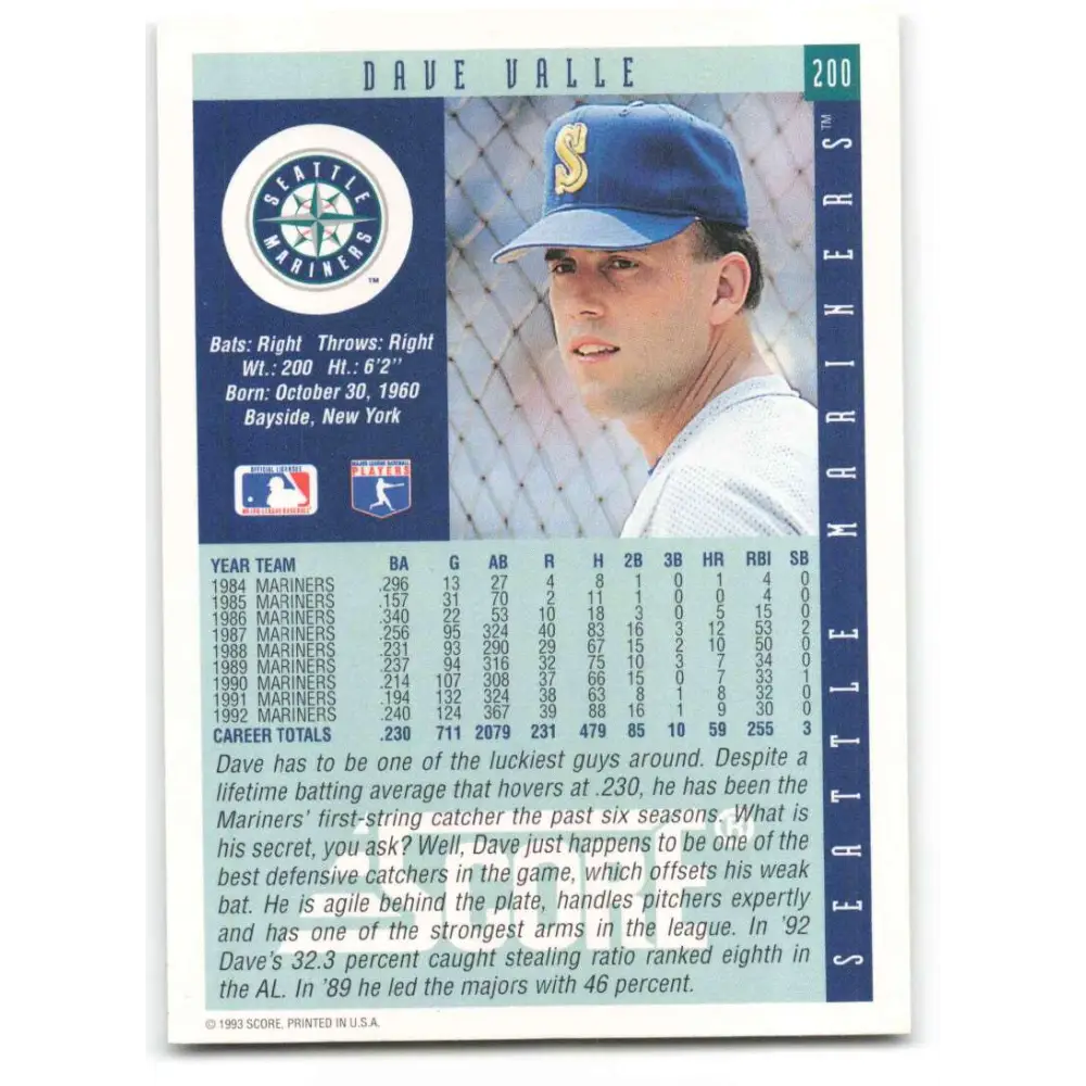 1993 Score #200 Dave Valle NM-MT Seattle Mariners Baseball Card Image 2