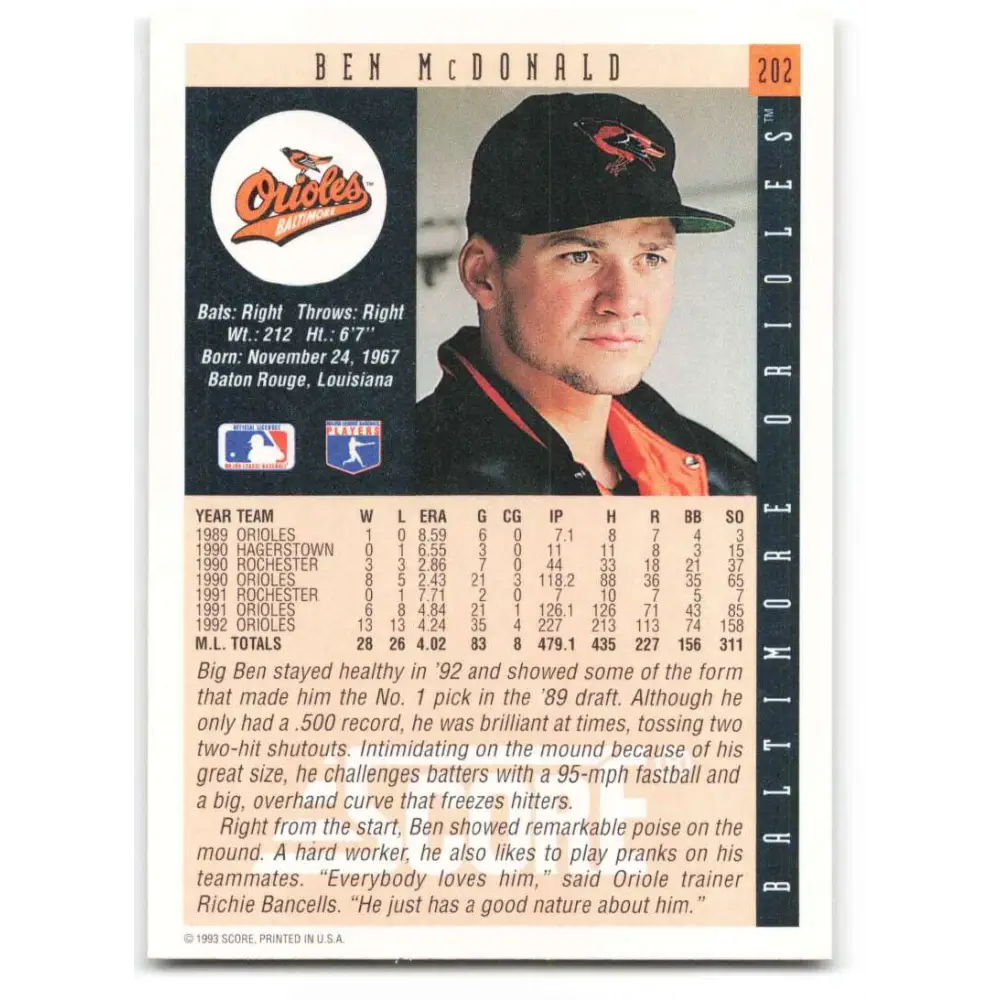 1993 Score #202 Ben McDonald NM-MT Baltimore Orioles Baseball Card Image 2