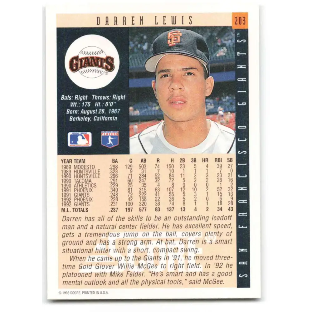 1993 Score #203 Darren Lewis NM-MT San Francisco Giants Baseball Card Image 2