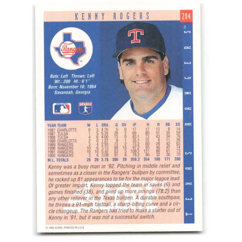 1993 Score #204 Kenny Rogers NM-MT Texas Rangers Baseball Card Image 2