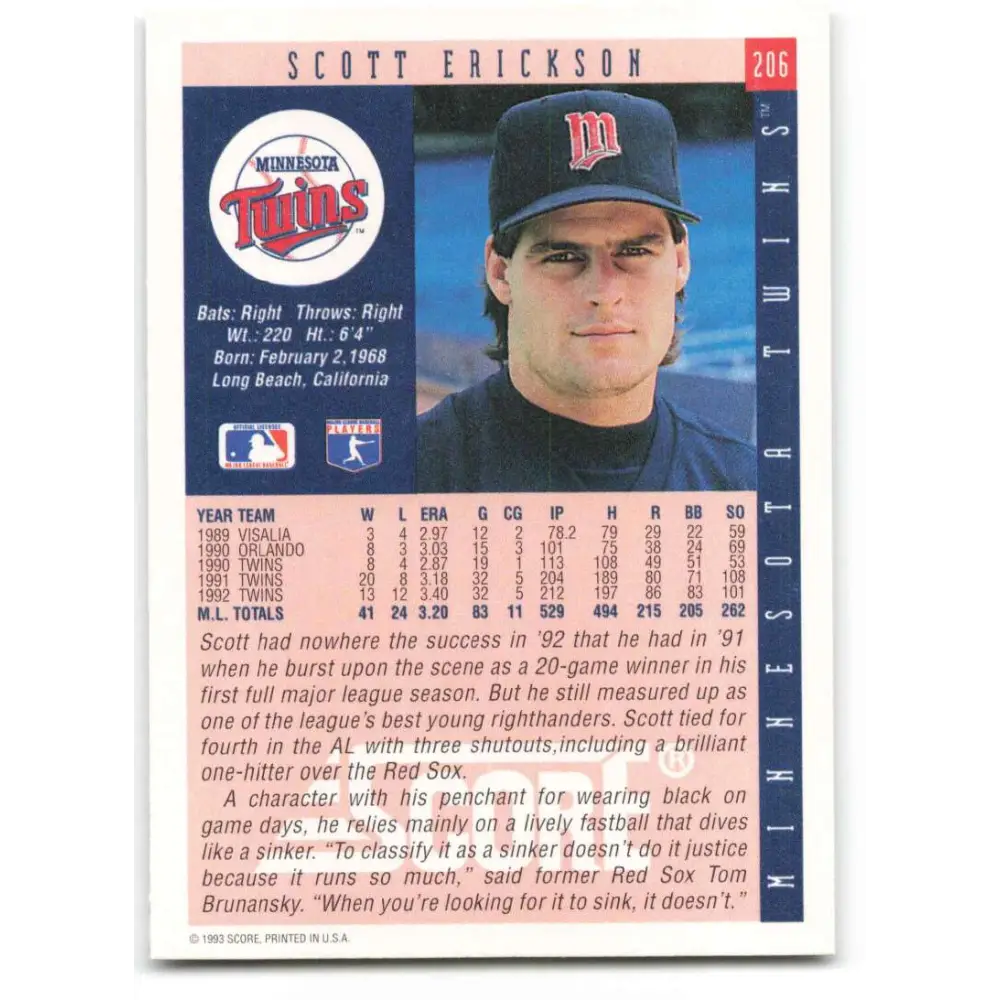 1993 Score #206 Scott Erickson NM-MT Minnesota Twins Baseball Card Image 2