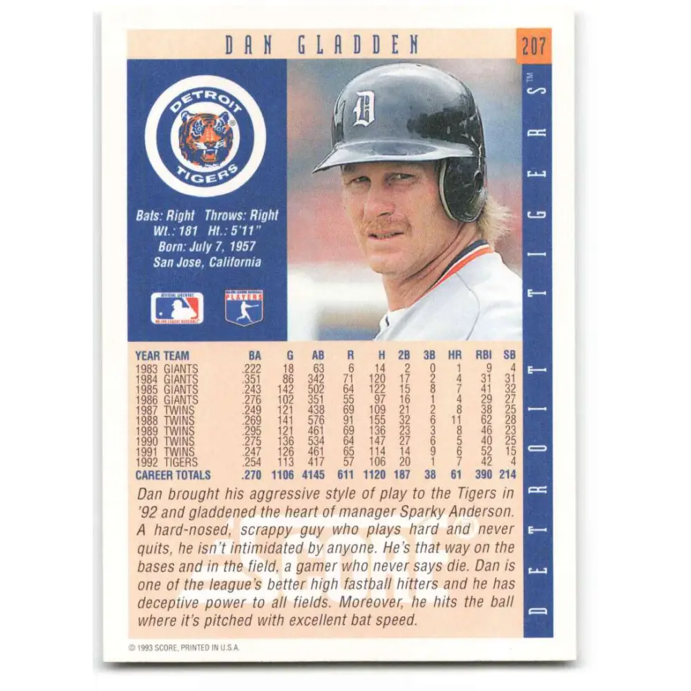 1993 Score #207 Dan Gladden NM-MT Detroit Tigers Baseball Card Image 2