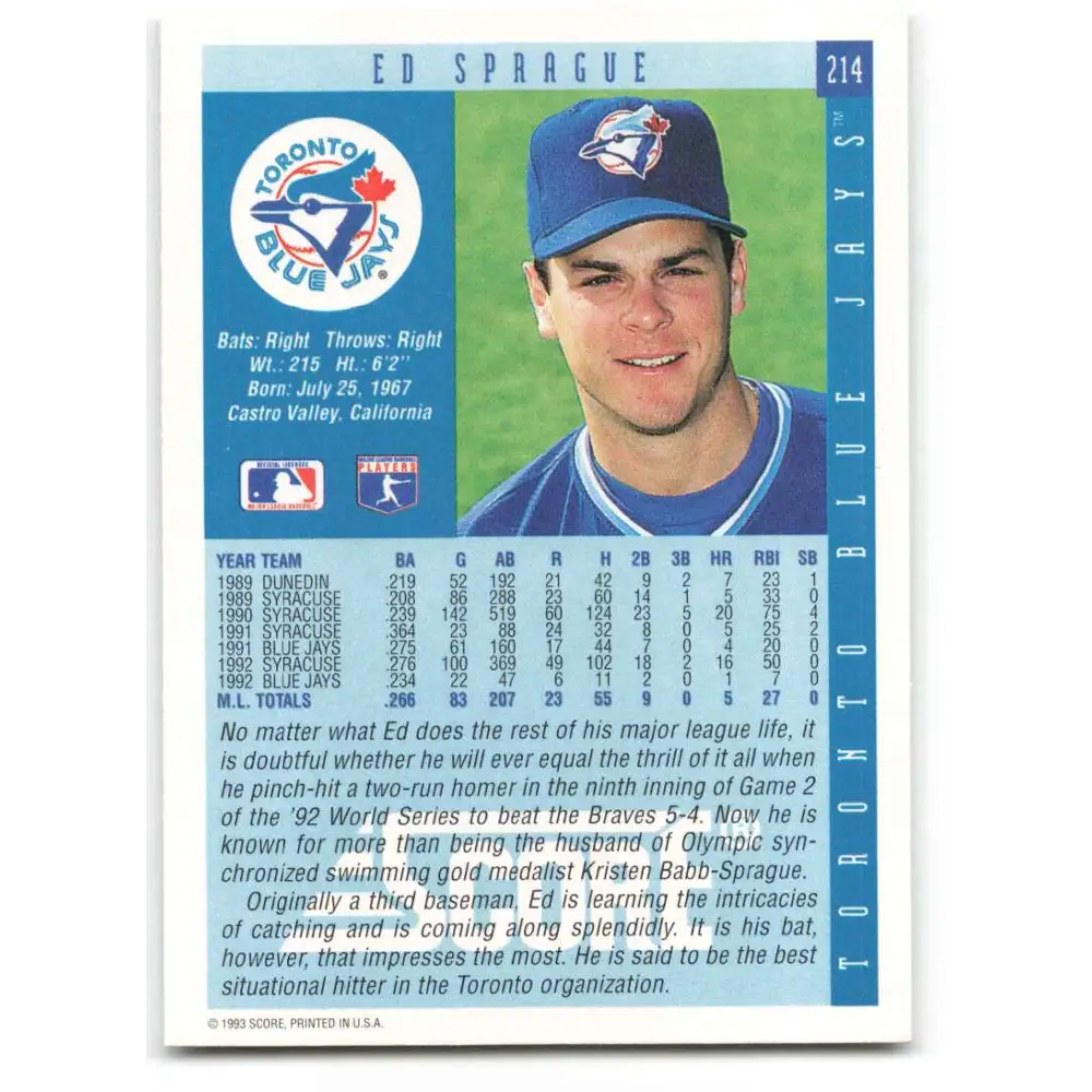 1993 Score #214 Ed Sprague NM-MT Toronto Blue Jays Baseball Card Image 2