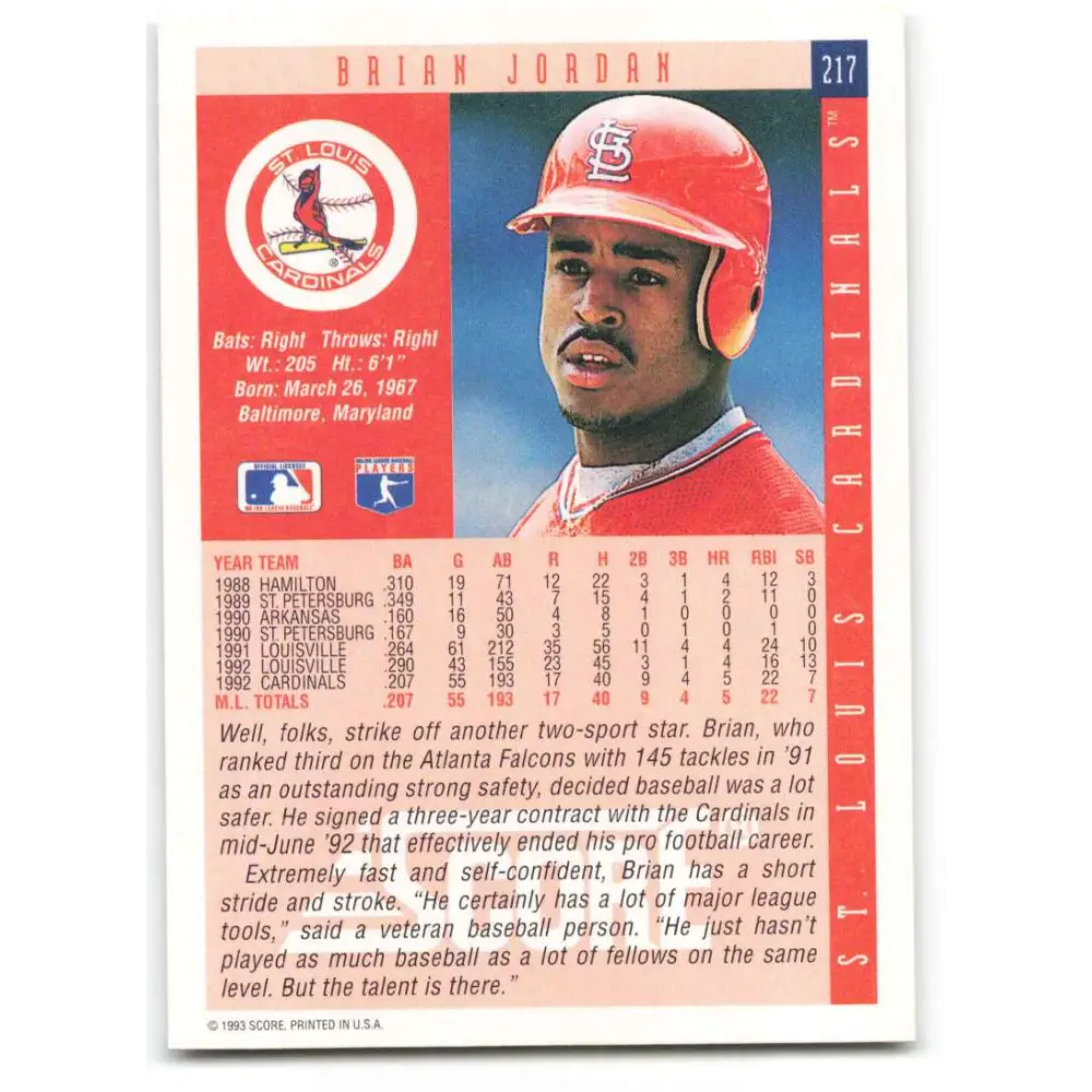 1993 Score #217 Brian Jordan NM-MT St. Louis Cardinals Baseball Card Image 2
