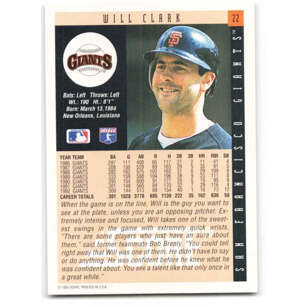 1993 Score #22 Will Clark NM-MT San Francisco Giants Baseball Card Image 2