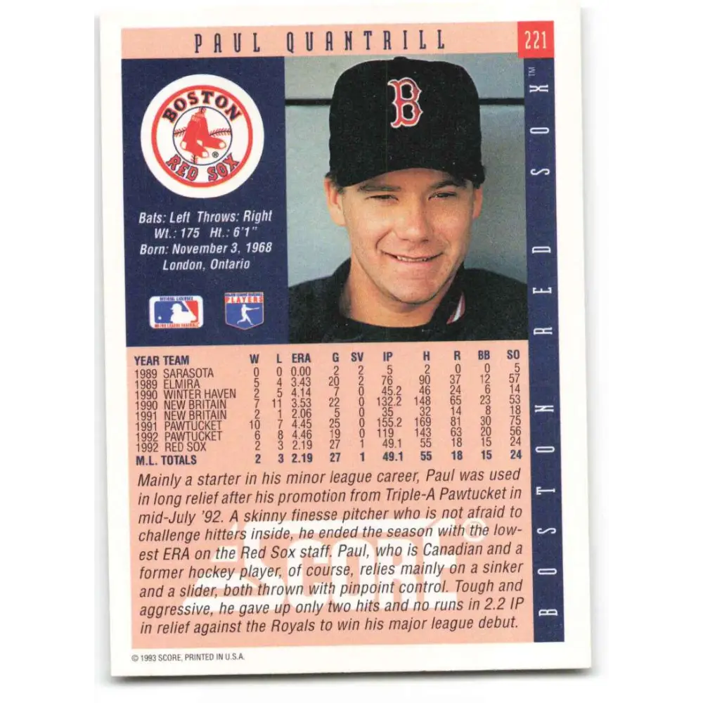 1993 Score #221 Paul Quantrill NM-MT Boston Red Sox Baseball Card Image 2