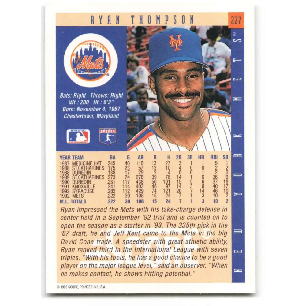 1993 Score #227 Ryan Thompson NM-MT New York Mets Baseball Card Image 2