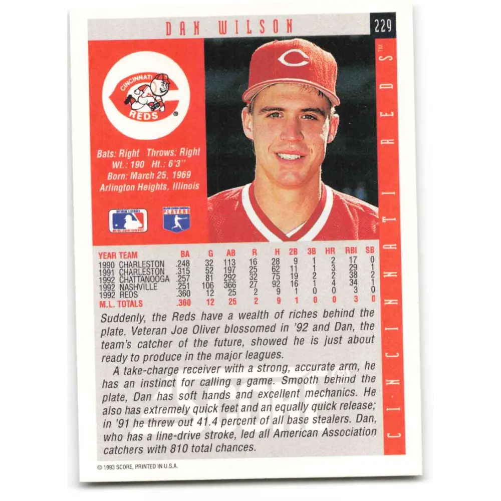 1993 Score #229 Dan Wilson NM-MT Cincinnati Reds Baseball Card Image 2