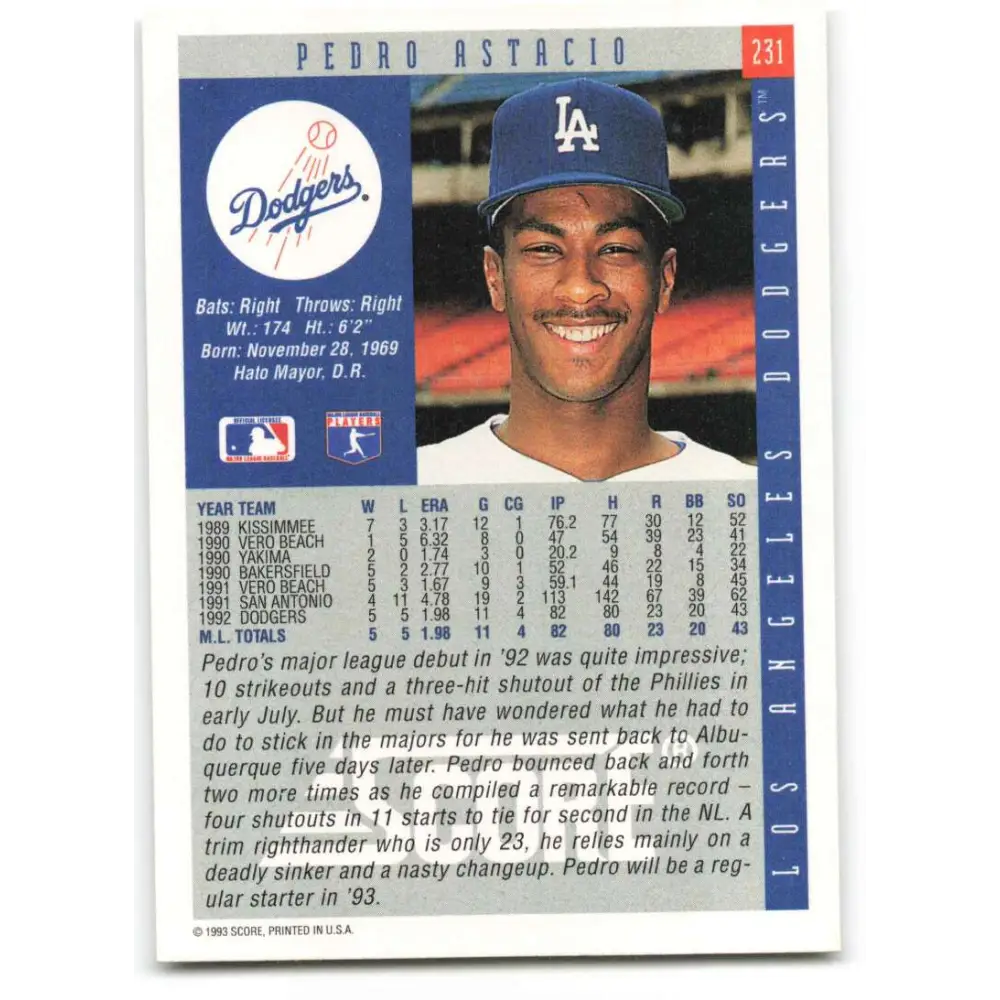 1993 Score #231 Pedro Astacio NM-MT Los Angeles Dodgers Baseball Card Image 2