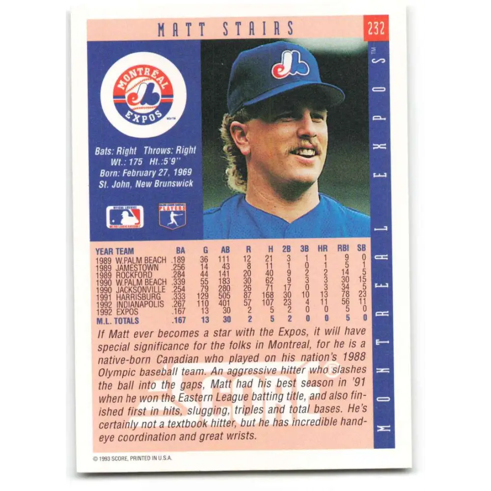 1993 Score #232 Matt Stairs NM-MT Montreal Expos Baseball Card Image 2
