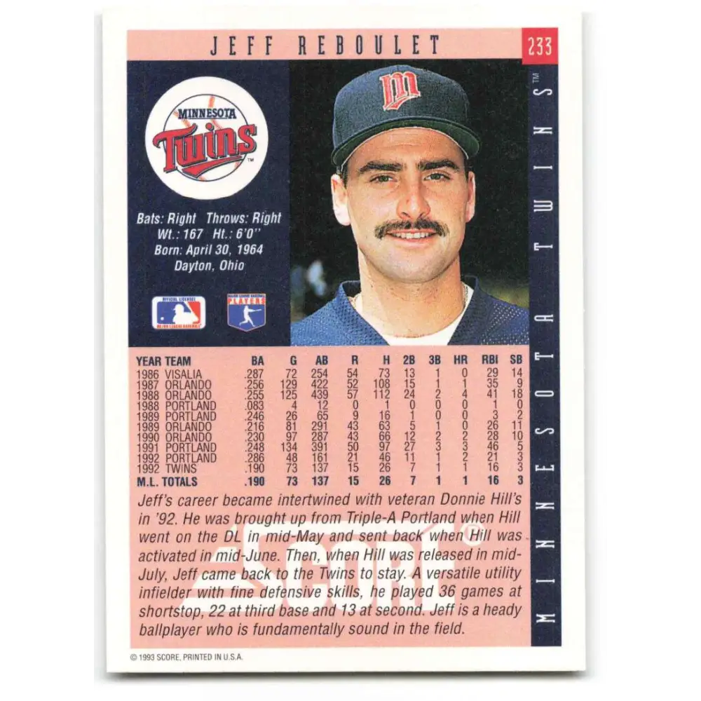 1993 Score #233 Jeff Reboulet NM-MT Minnesota Twins Baseball Card Image 2