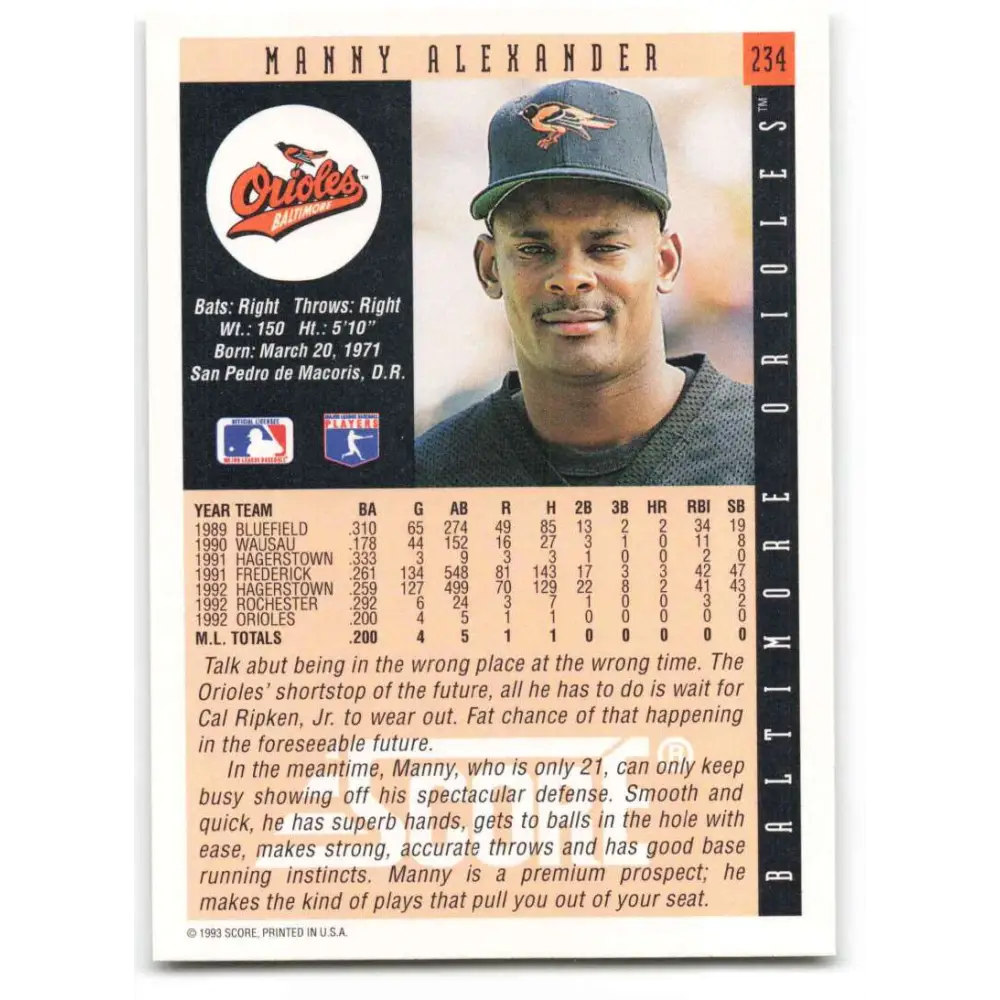 1993 Score #234 Manny Alexander NM-MT Baltimore Orioles Baseball Card Image 2