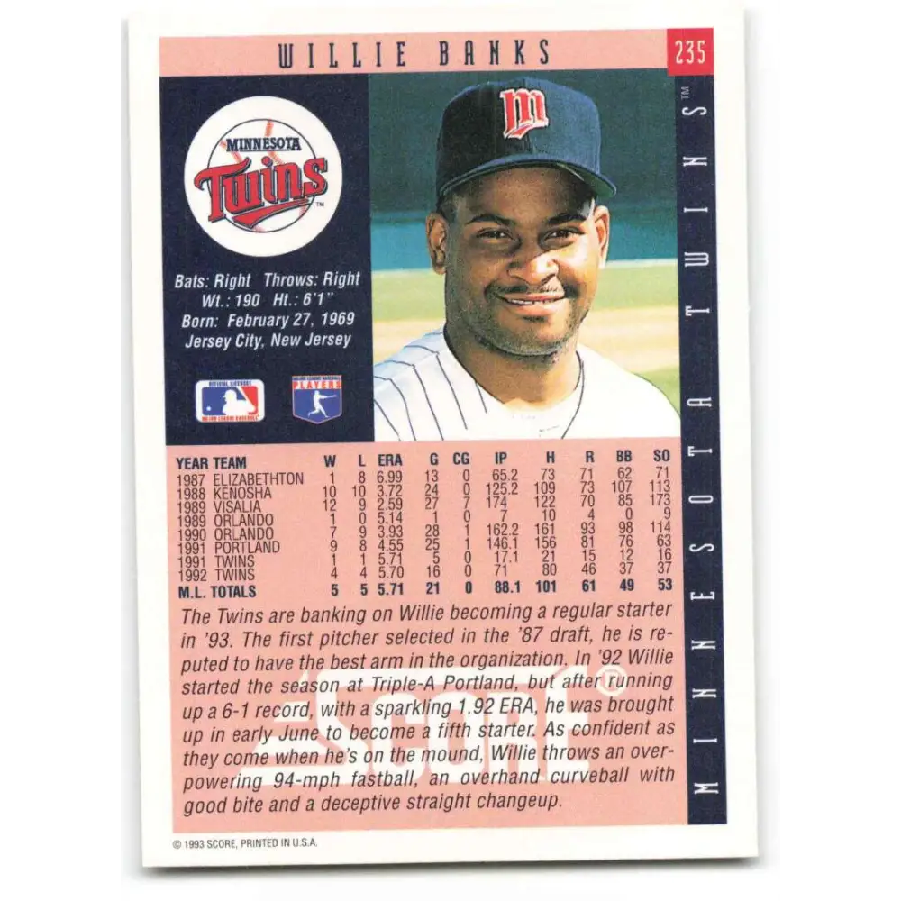 1993 Score #235 Willie Banks NM-MT Minnesota Twins Baseball Card Image 2