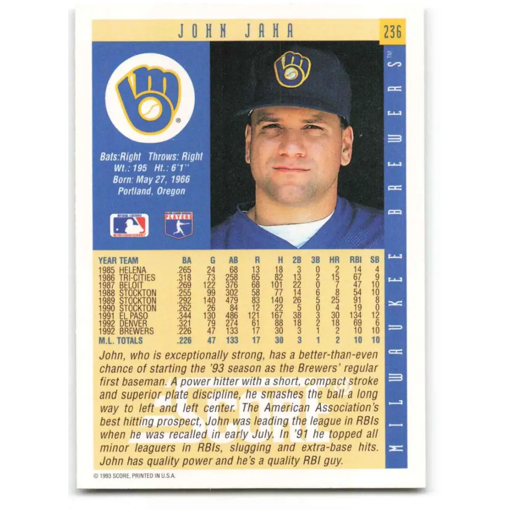 1993 Score #236 John Jaha NM-MT Milwaukee Brewers Baseball Card Image 2