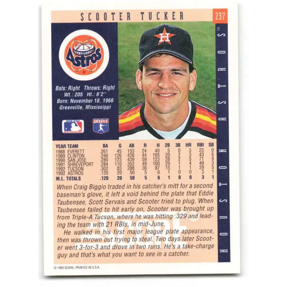 1993 Score #237 Scooter Tucker NM-MT Houston Astros Baseball Card Image 2