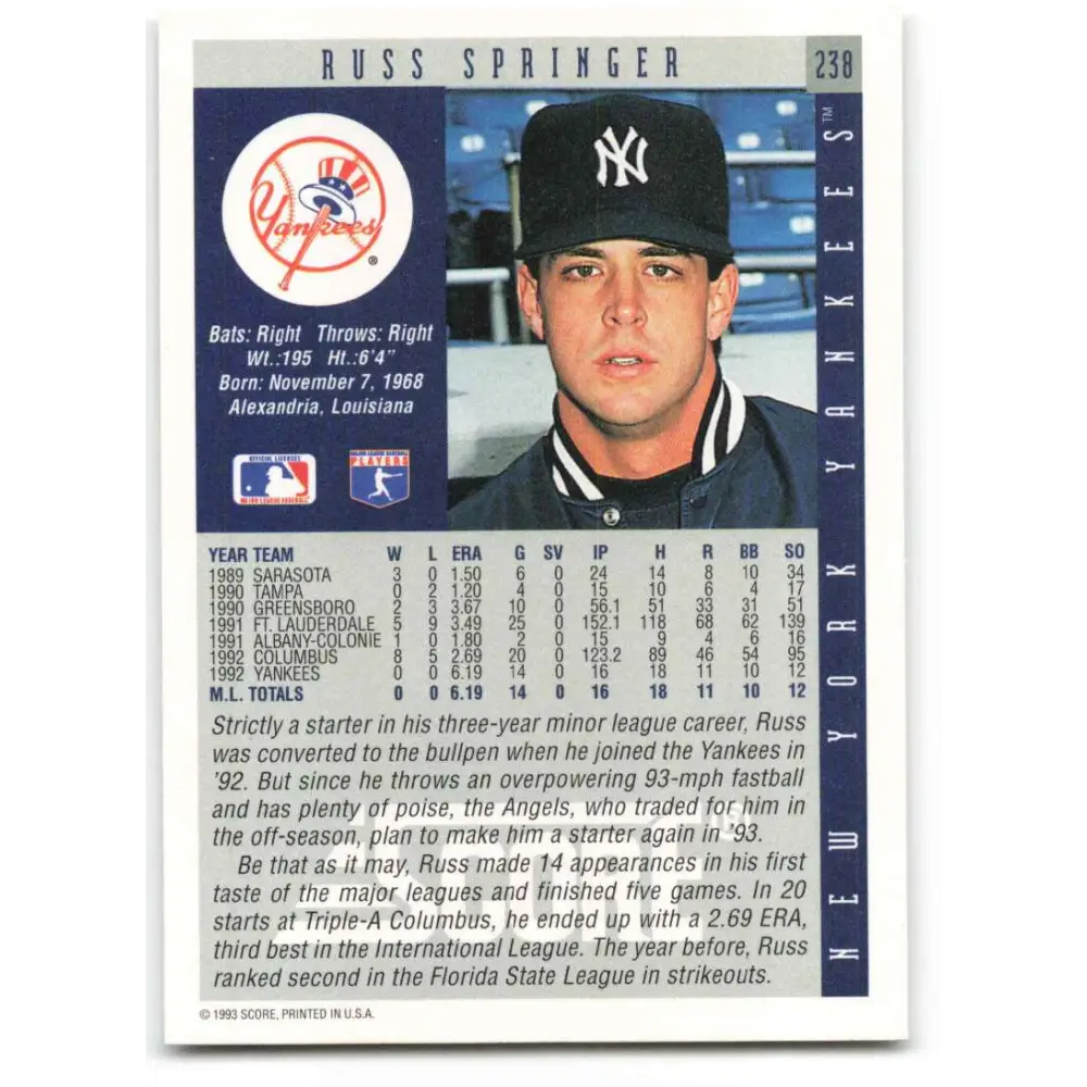 1993 Score #238 Russ Springer NM-MT New York Yankees Baseball Card Image 2