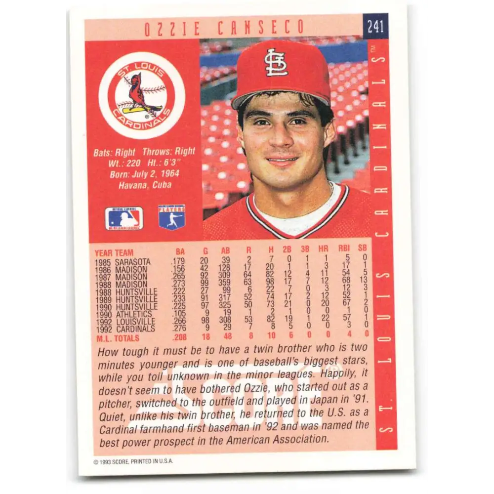 1993 Score #241 Ozzie Canseco NM-MT St. Louis Cardinals Baseball Card Image 2