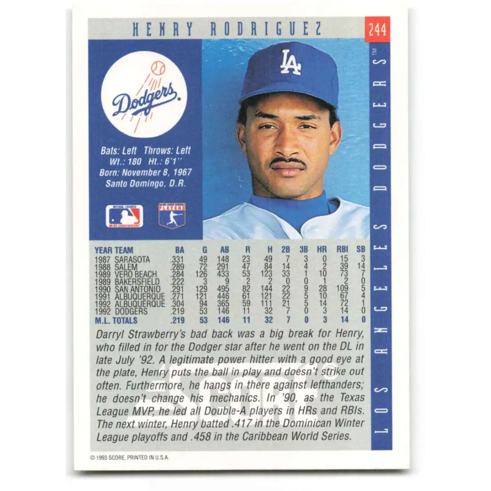 1993 Score #244 Henry Rodriguez NM-MT Los Angeles Dodgers Baseball Card Image 2