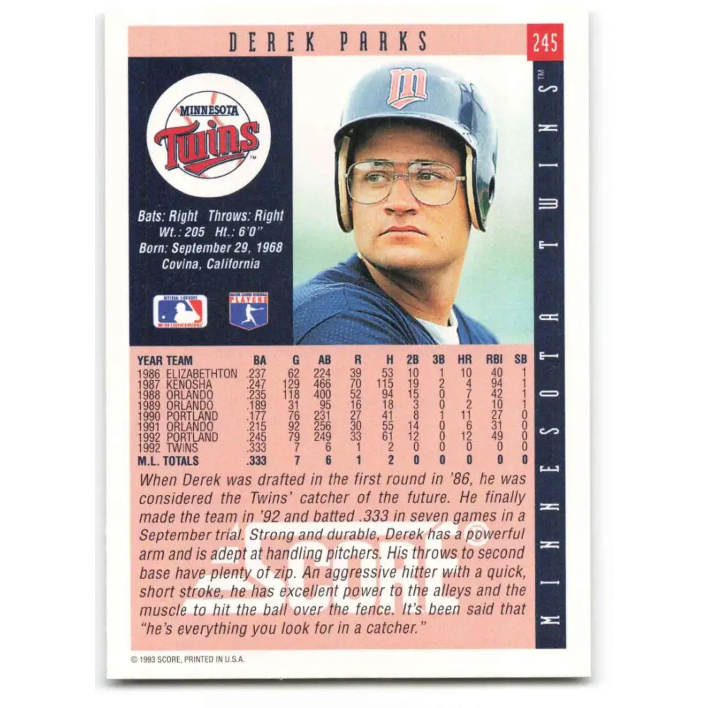 1993 Score #245 Derek Parks NM-MT Minnesota Twins Baseball Card Image 2