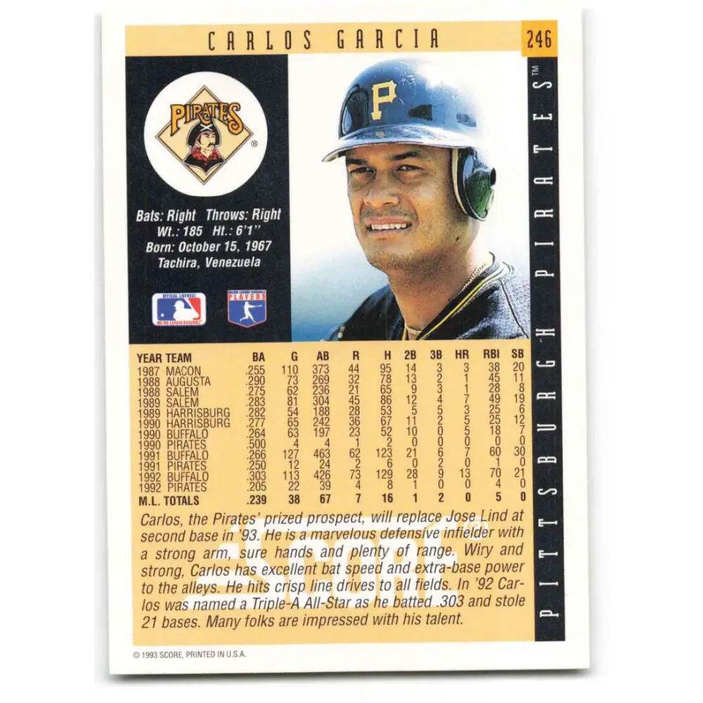 1993 Score #246 Carlos Garcia NM-MT Pittsburgh Pirates Baseball Card Image 2