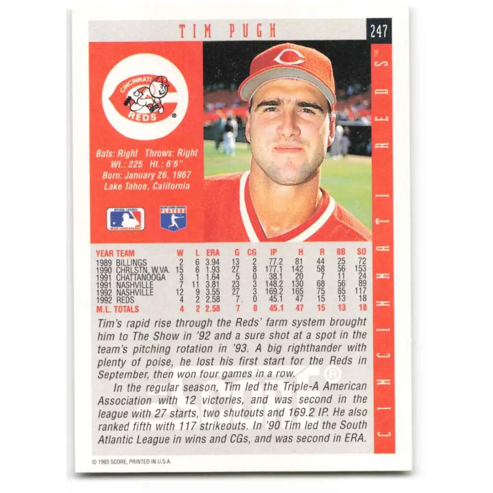 1993 Score #247 Tim Pugh NM-MT RC Rookie Cincinnati Reds Baseball Card Image 2