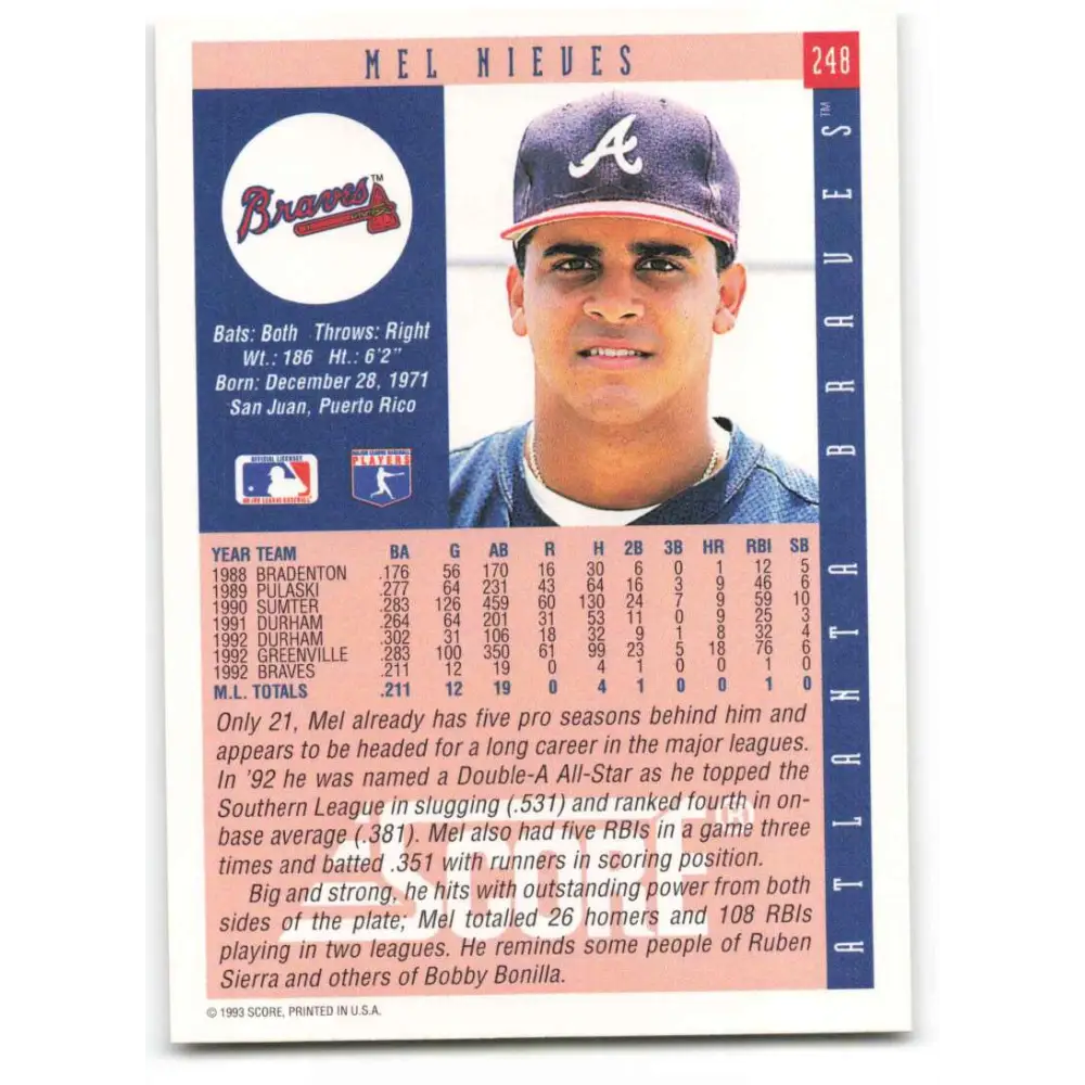 1993 Score #248 Melvin Nieves NM-MT Atlanta Braves Baseball Card Image 2