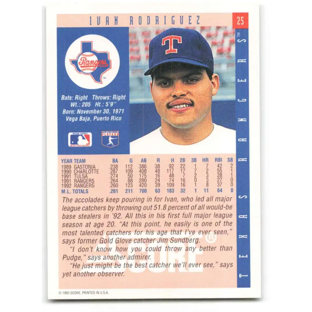 1993 Score #25 Ivan Rodriguez NM-MT Texas Rangers Baseball Card Image 2