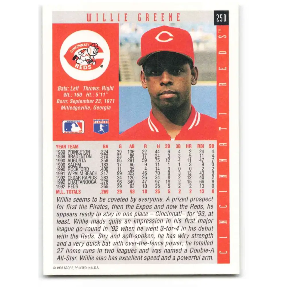 1993 Score #250 Willie Greene NM-MT Cincinnati Reds Baseball Card Image 2