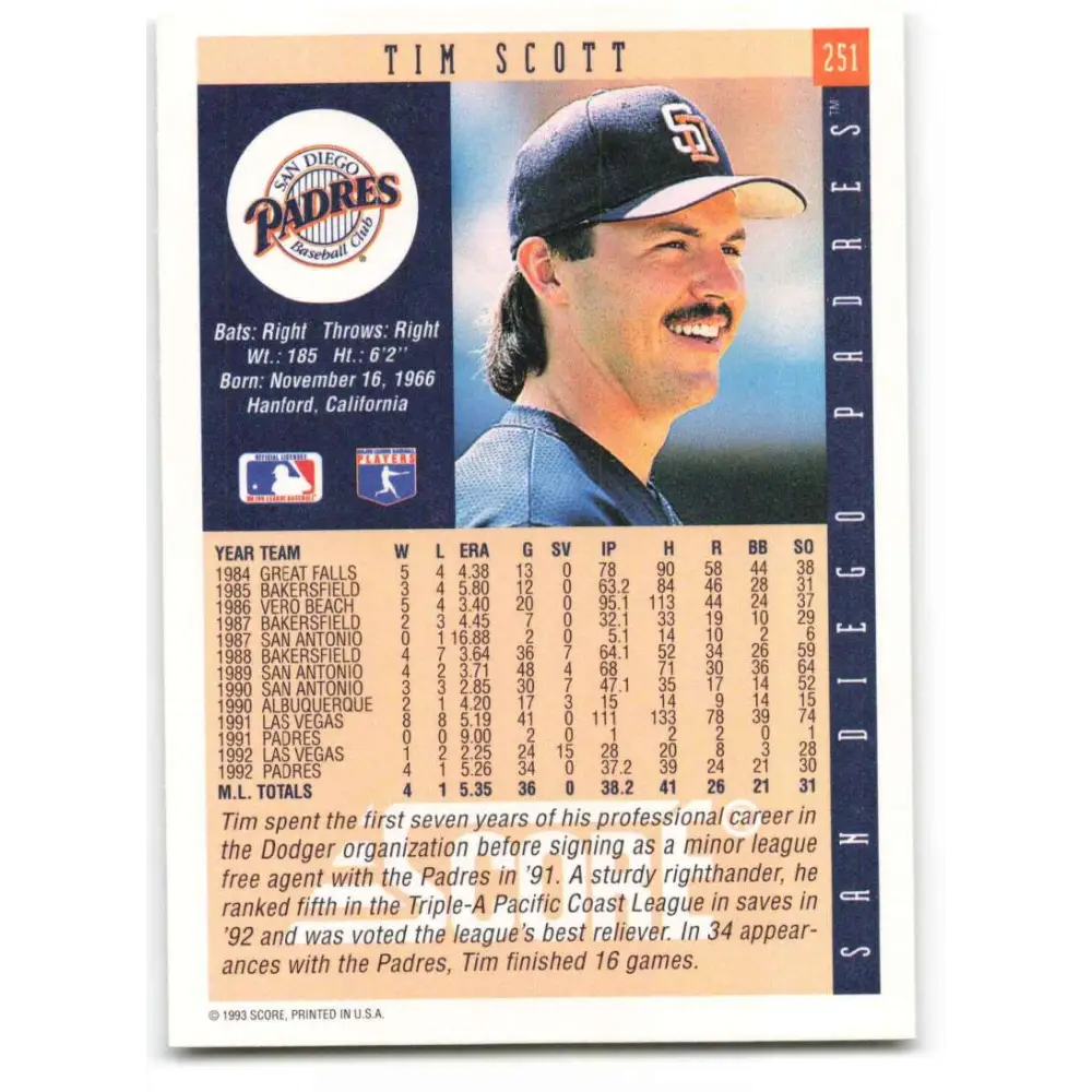 1993 Score #251 Tim Scott NM-MT San Diego Padres Baseball Card Image 2