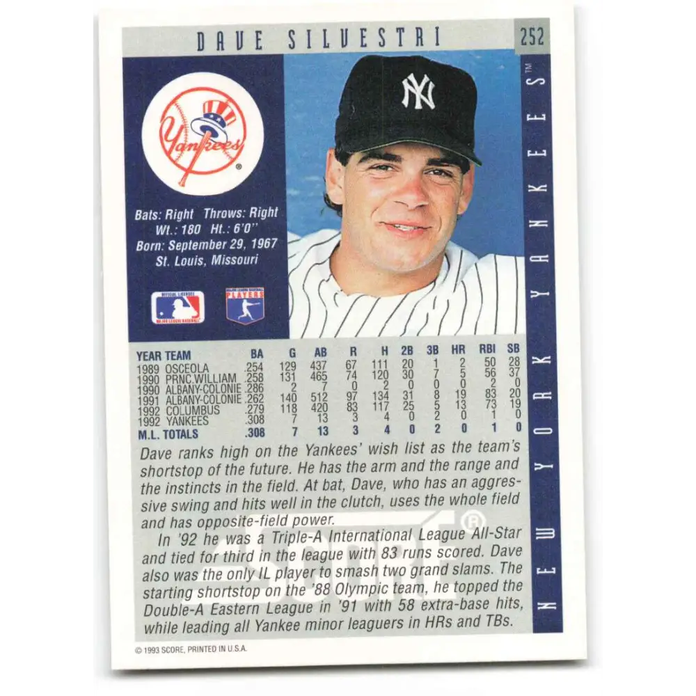1993 Score #252 Dave Silvestri NM-MT New York Yankees Baseball Card Image 2