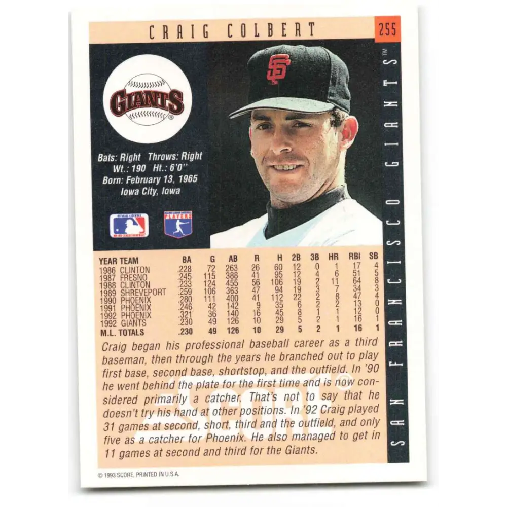1993 Score #255 Craig Colbert NM-MT San Francisco Giants Baseball Card Image 2